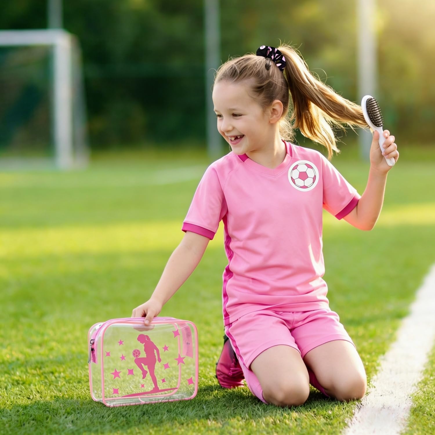 Soccer Gifts for Girls: 18pc Pink Party Favors Set with 6 Clear Makeup Bags, Hair Scrunchies, Folding Brushes | Team Sports Prizes, Cheerleader Gifts | TSA Compliant Travel Pouches