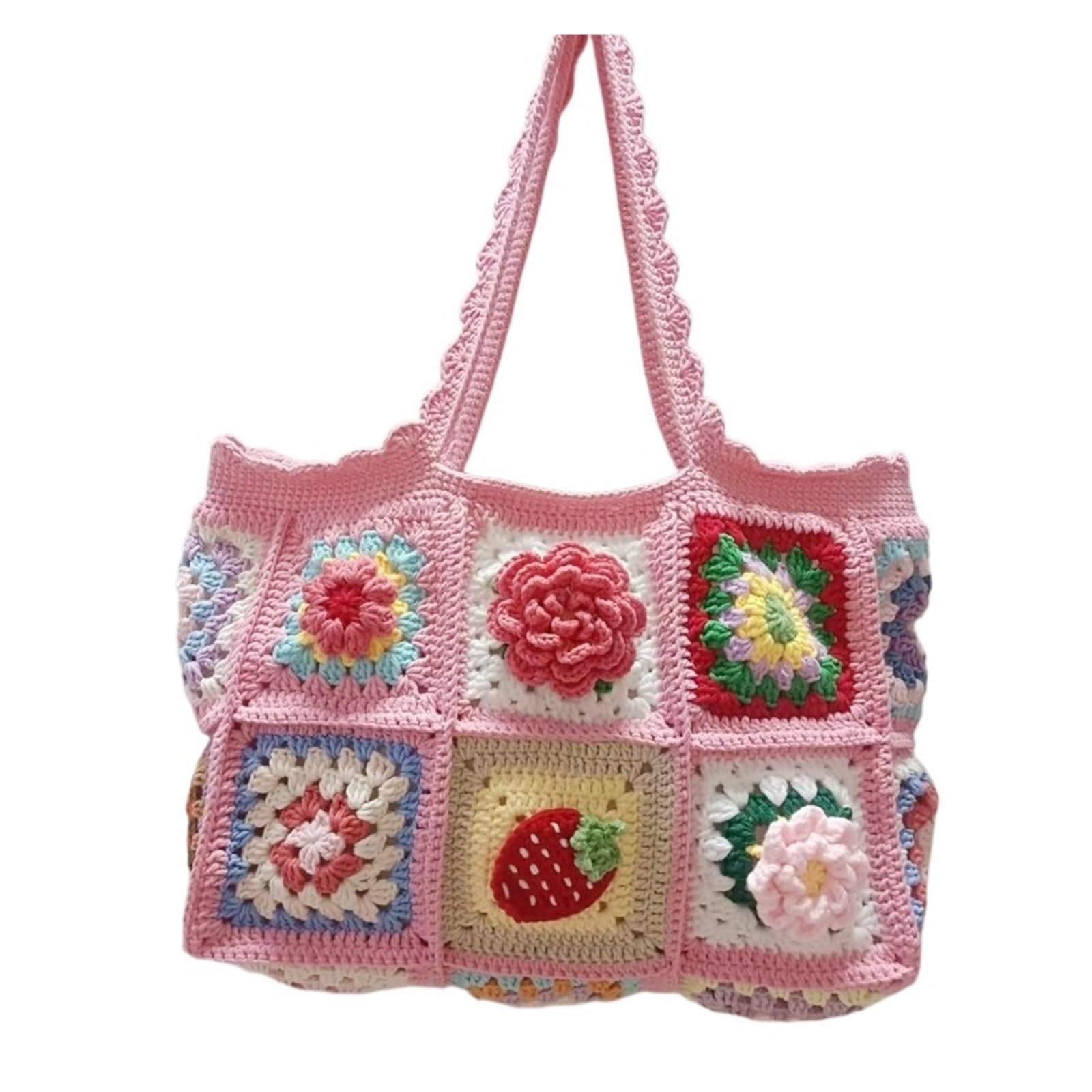 Bolso De Flores Tejido A Crochet Bolso de hombro grande con diseño de fresa y cereza de crochet, estilo vintage, hecho a mano, estilo granny square