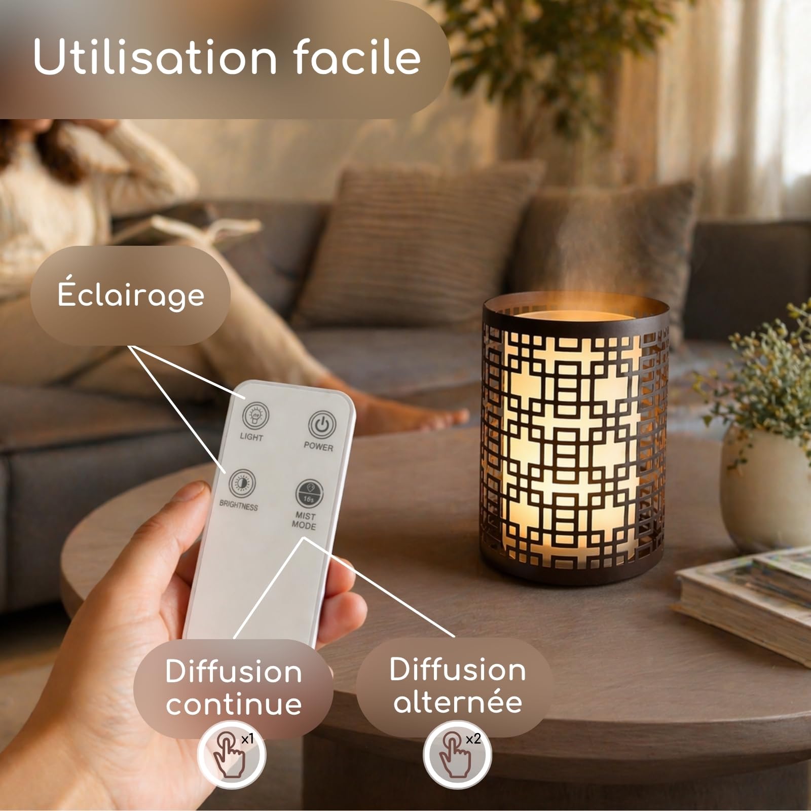 Zen’Arôme Diffuseur d’Huile Essentielle Vela – Diffuseur Ultrasonique Aromathérapie à Froid - Diffuseur Électrique Parfum Maison avec Télécommande - Éclairage LED Effet Bougie – en Métal et Verre