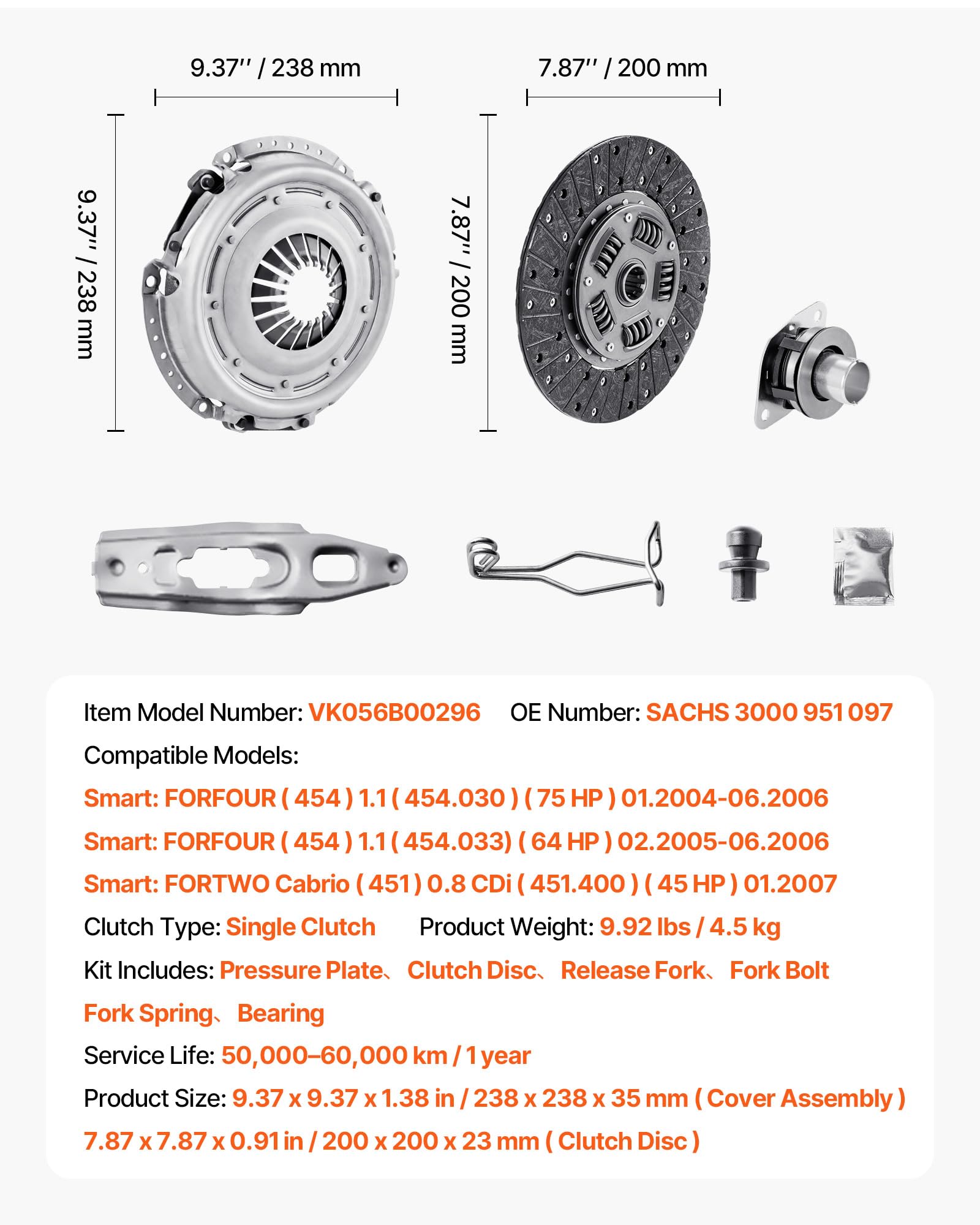 VEVOR Kit Frizione con Piastra di Pressione, Kit Frizione OEM per Impieghi Gravosi, Ricambio OEM Compatibile con Smart FORFOUR 2004-2006, 75 CV, FORFOUR 2005-2006, 64 CV, FORTWO Cabrio 2007