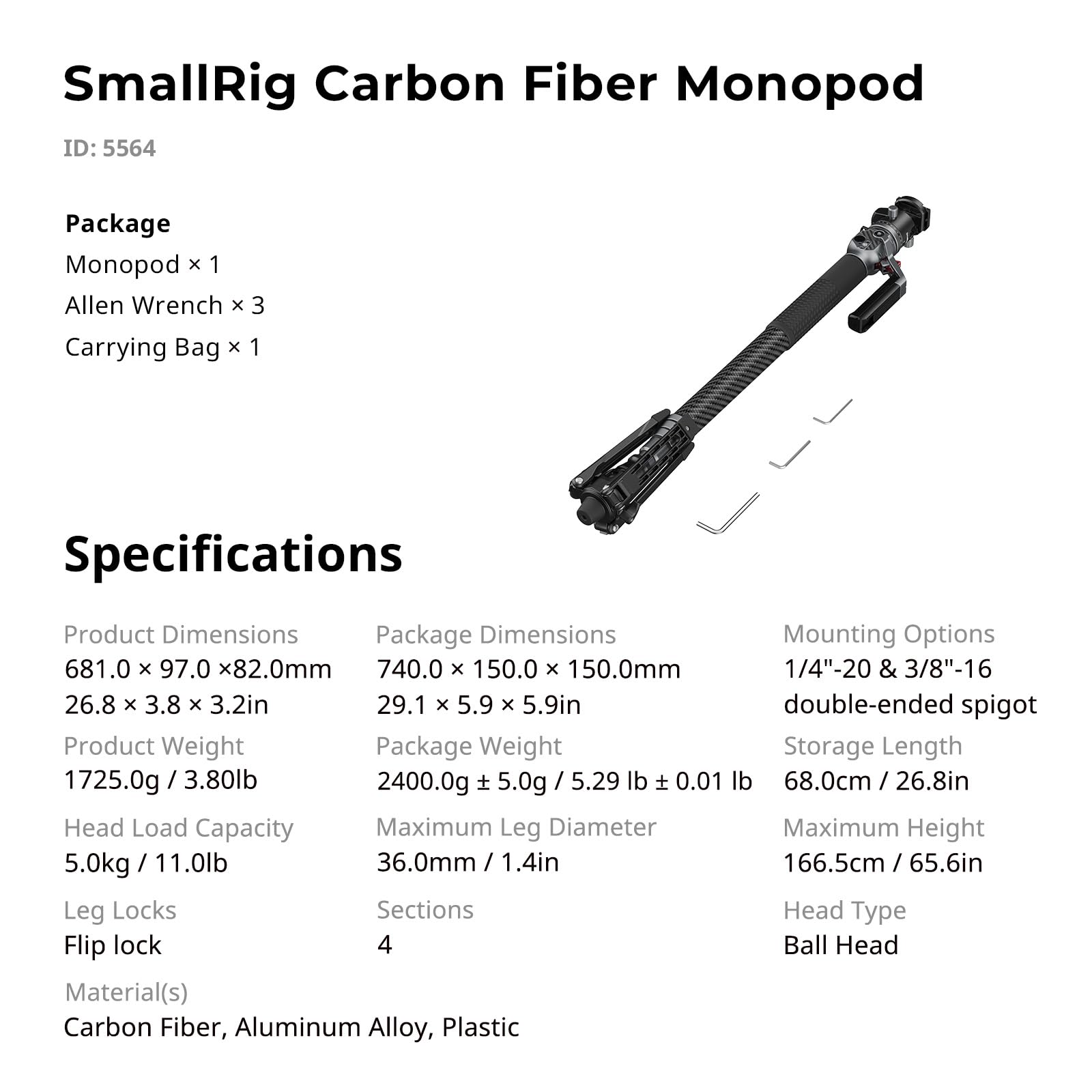 SMALLRIG Monopode en Fibre de Carbone 166,5 cm, Compact 68 cm, 1,72 kg, Réglage Hauteur 1 Touche, Rotule 5 kg - 5564