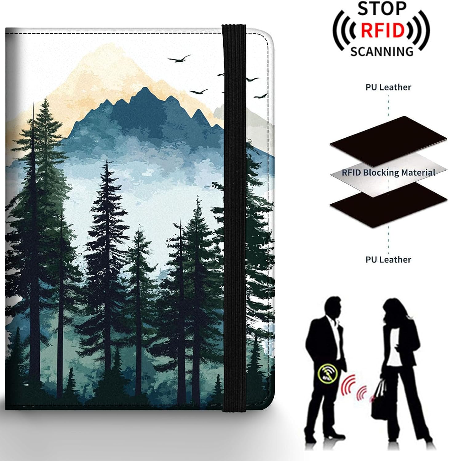 Passport Holder Wallet Cover Case,RFID Blocking Passport Cover,Large Capacity Travel Wallet with Multi Card Slots (Watercolor Forest Mountains)