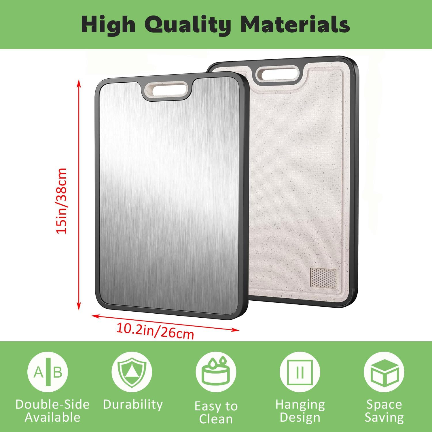 Titanium Cutting Board for Kitchen, Stainless Steel Cutting Board Double Sided Food Grade Cutting Boards Non Toxic Pure Titanium and Wheat Straw PP