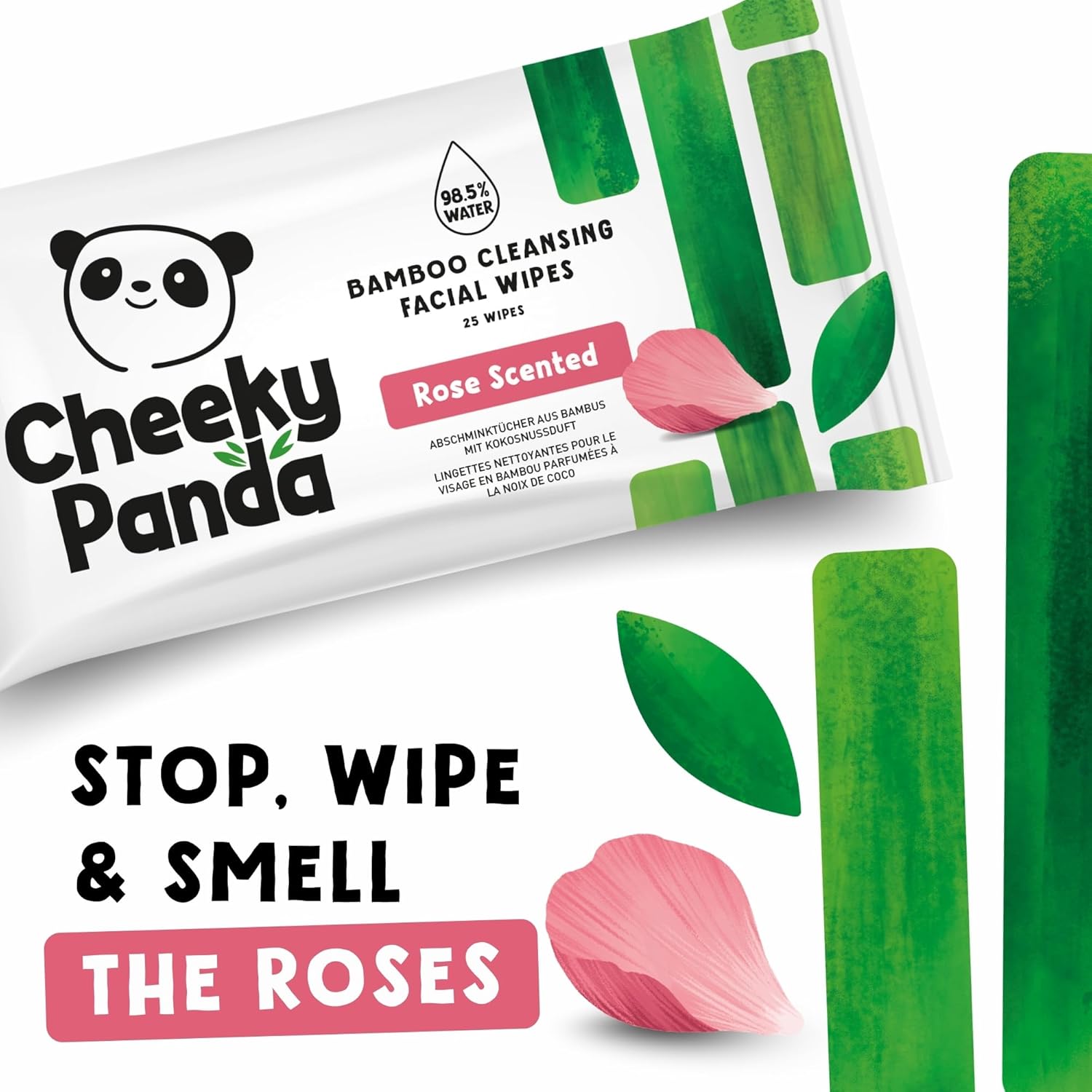 The Cheeky Panda Face Cleansing Wet Wipes Bulk Pack | 24 Packs of 25 Flushable Makeup Remover Wipes Rose Scented | Biodegradable Facial Wipes