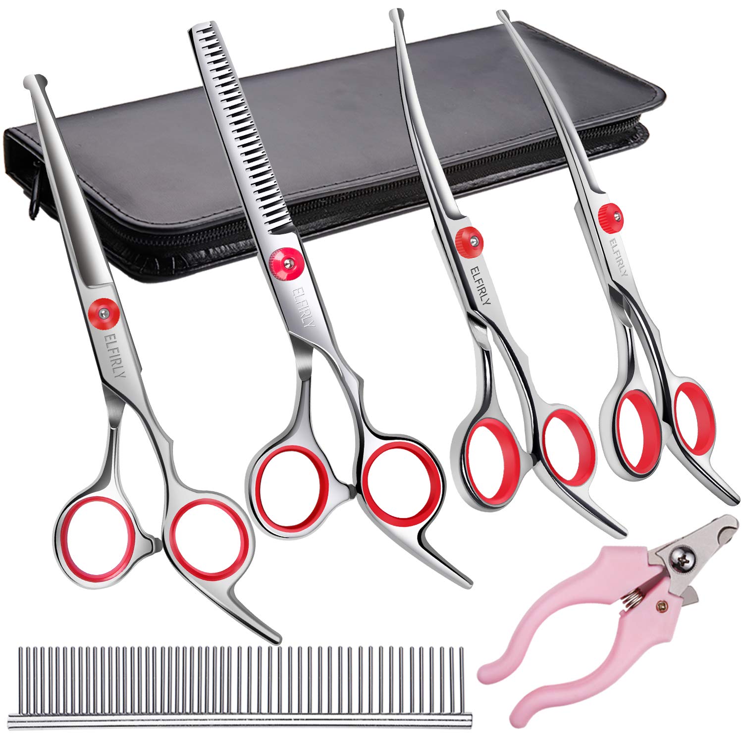 Elfirly Professional Dog Grooming Scissors Kit Stainless Steel Round Tip Cutting Curved Scissors