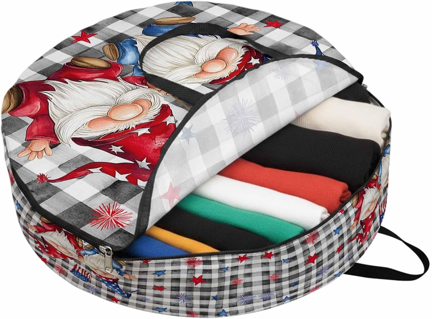 Independence Day Round Storage Bag 36 Inch, Patriotic Gnomes USA Flag Black Plaid Clothes Storage Container with Handles Heavy Duty Organizer for Comforter, Bedding & Holiday Wreaths