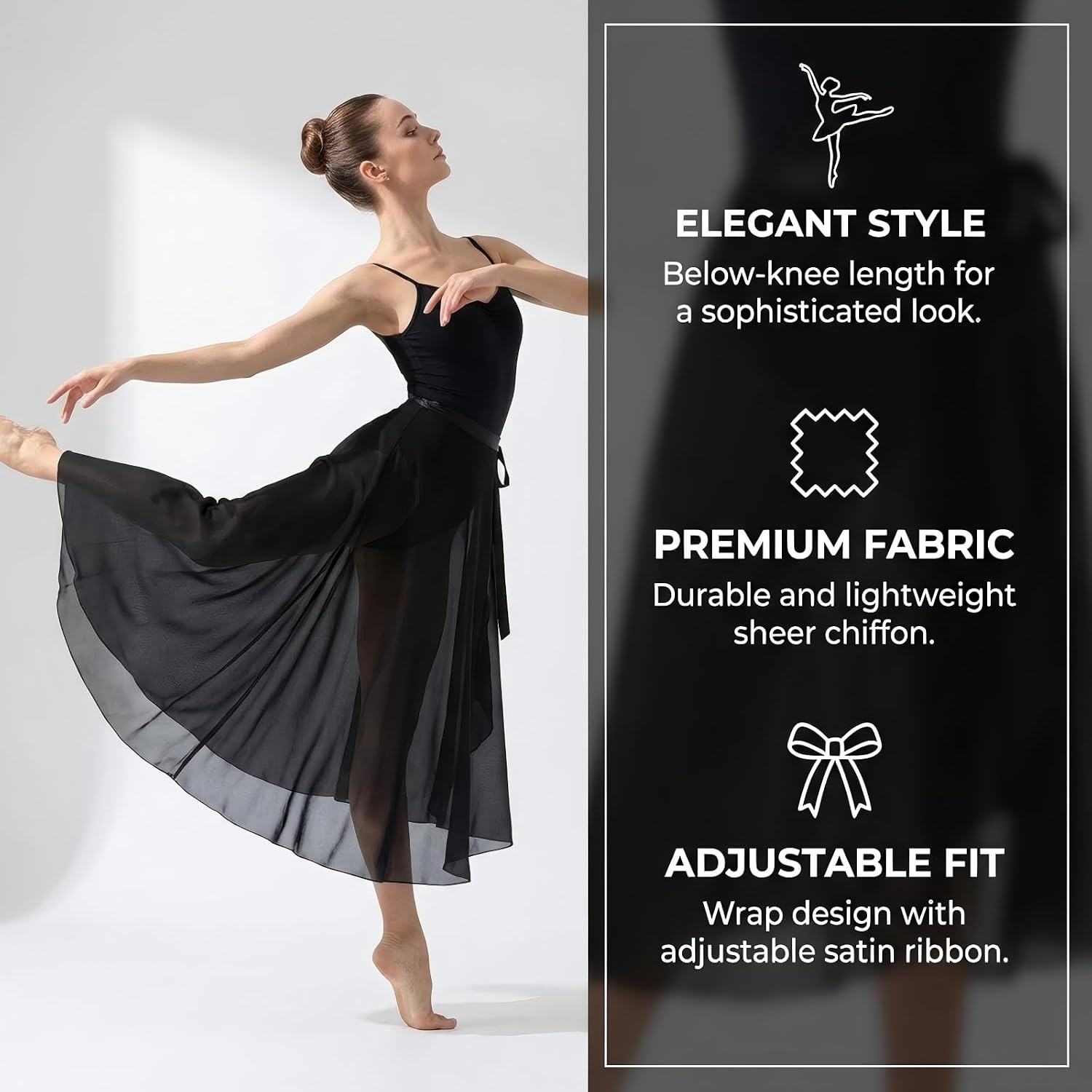 Long Dance Wrap Skirt Women, Long Sheer Ballet Wrap Skirt Women, Adjustable Tie Waist Chiffon Dance Skate Skirts Dancewear for Adult Ladies Black
