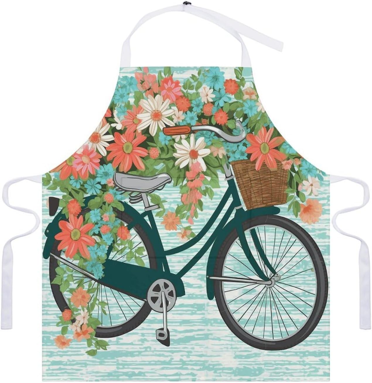 Bicycle with Flower Apron Adjustable Chef Apron with Pocket for Men Women Waterproof Bib Apron Durable Cooking Apron for BBQ Baking Kitchen Cooking Apron