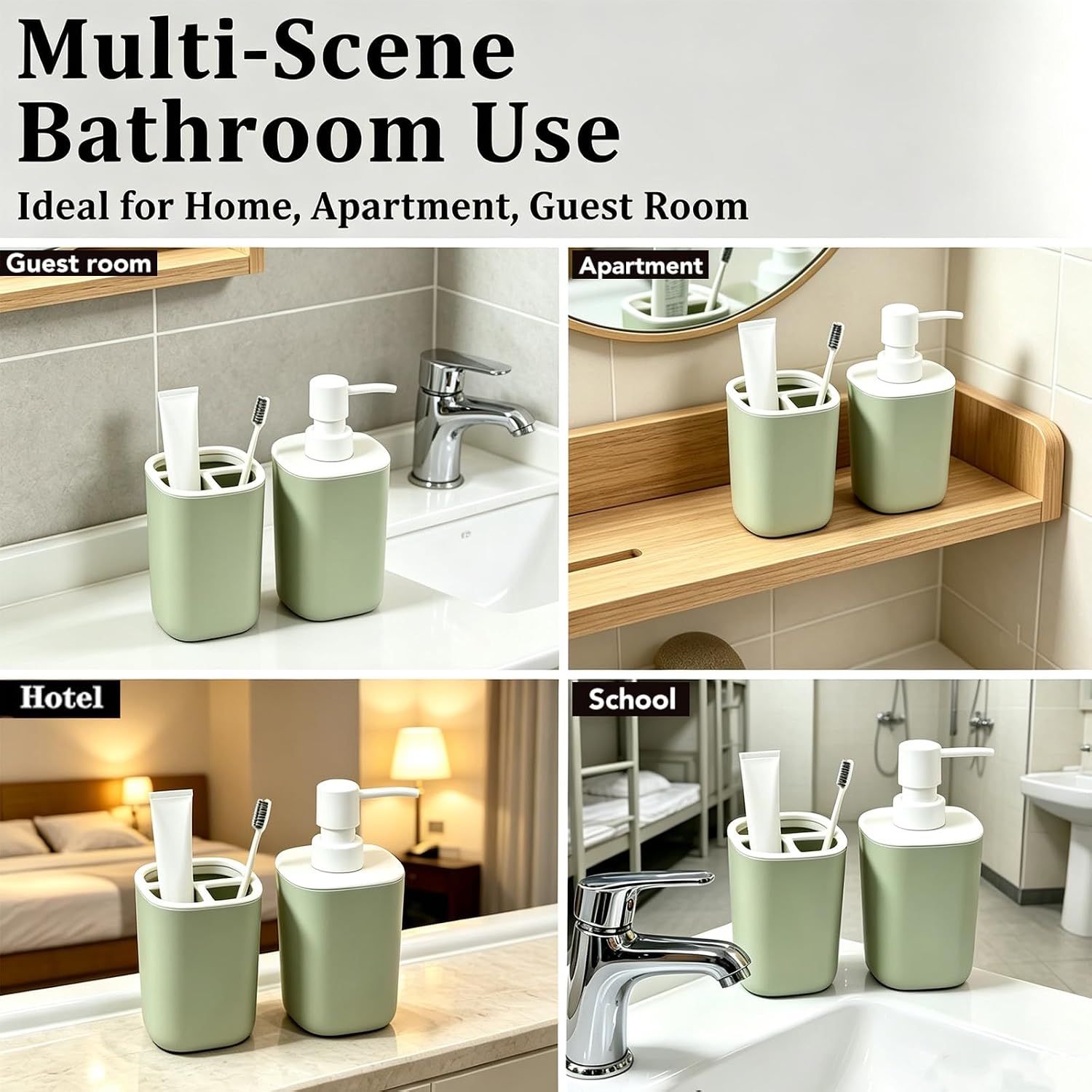 2PCS Bathroom Accessories Set, Sage Green Soap and Toothbrush Holder Set Include Soap Dispenser and Toothbrush Holder, Bathroom Accessory Set for Boho Sage Green Bathroom Decor
