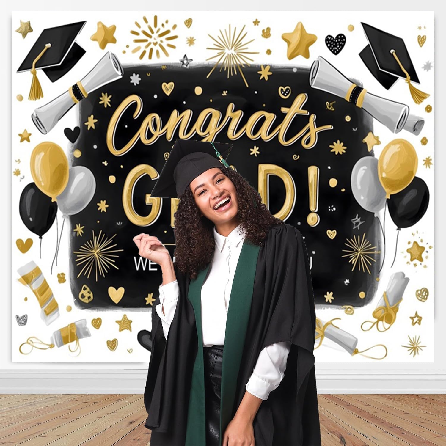 2026 Graduation Backdrop 10x8ft Chalkboard Hand Painted Black Gold Silver Congrats Grad Photo Backdrop We are Proud of You Graduation Backdrops for Photography Class of 2026 Party Decor Photo Props