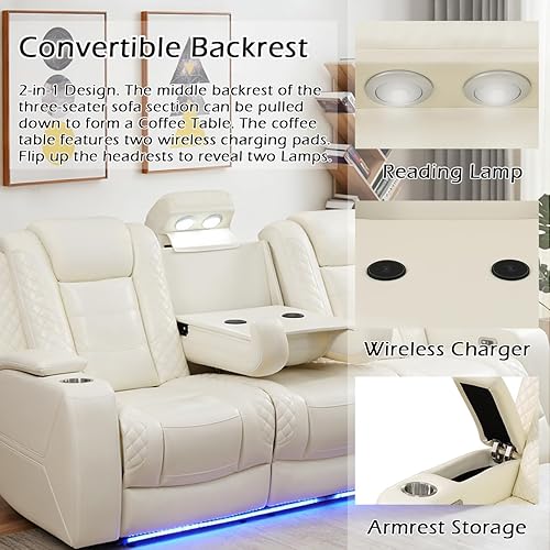 Miniatura 2 de Juego de sofá reclinable eléctrico para sala de estar, juego de sofá reclinable de cuero con luces LED / almacenamiento oculto, juego de sofá