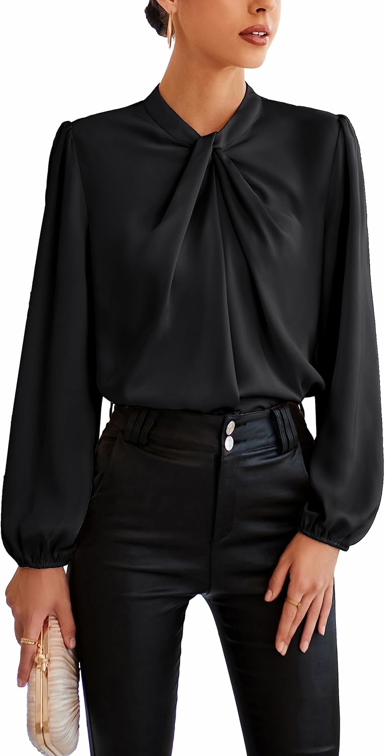 GRACE KARIN Women's Long Sleeve Shirts Mock Neck Casual Silk Satin Blouse Tops for Business Office Work