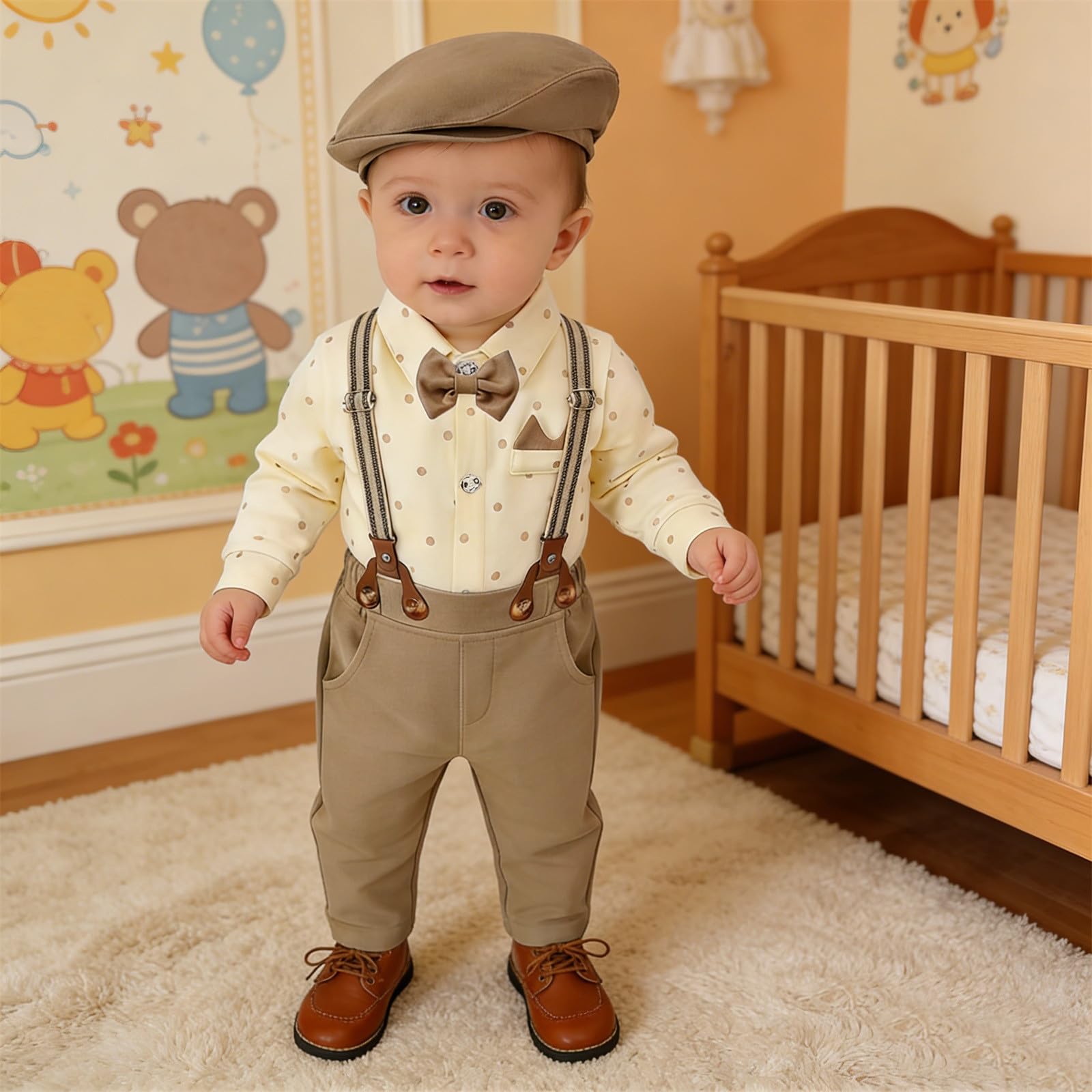 Bebé Niño Traje Formal Caballeros Ropa Conjunto Romper Camisa con Pajarita Tirantes Pantalones y Sombrero para Boda Fiesta de Cumpleaños