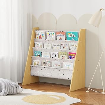 Tree 4-Tier Children Sling Book Rack Bookshelf Wooden, Easy-to-Reach Storage for Books, Kids Book Rack Storage Bookshelf with Deep Sleeves, Ideal for Playrooms & HomeschoolingD