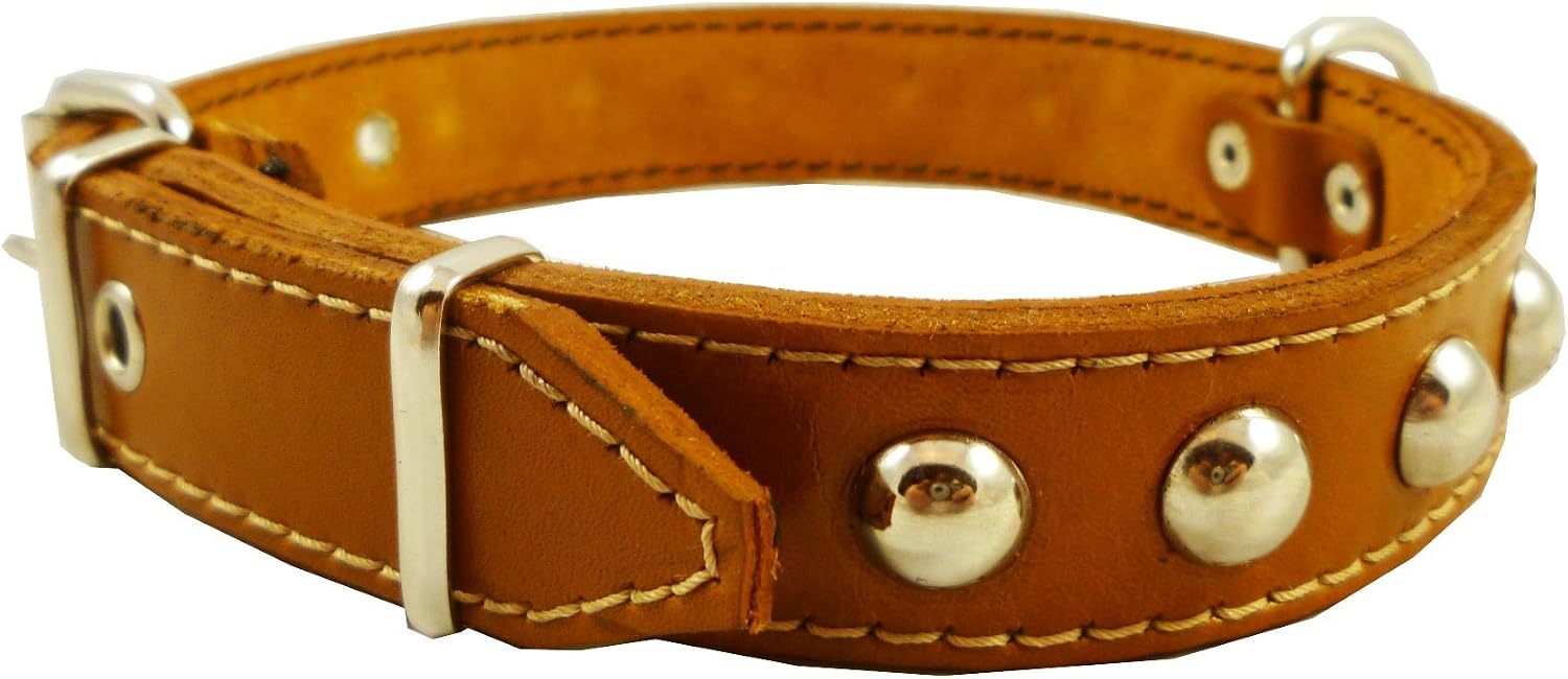 Genuine 1" Wide Thick Leather Studded Dog Collar. Fits 14"-17" Neck, Medium Breeds.