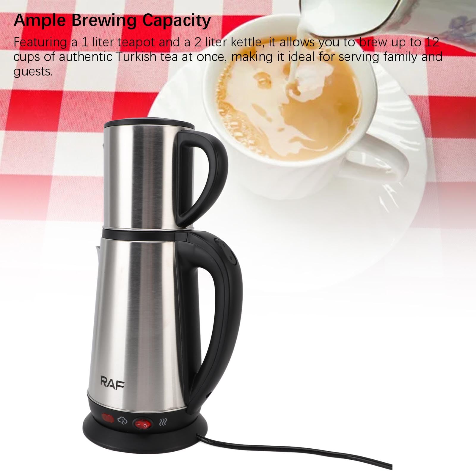 ASHATA Set de Tetera Turca de Acero Inoxidable, Tetera Turca con Infusor y Tapa, 1L y 2L Creador de té de té, Parte de Calefacción Oculta, hasta 12 Tazas, para Casa (Enchufe de la UE 220V)