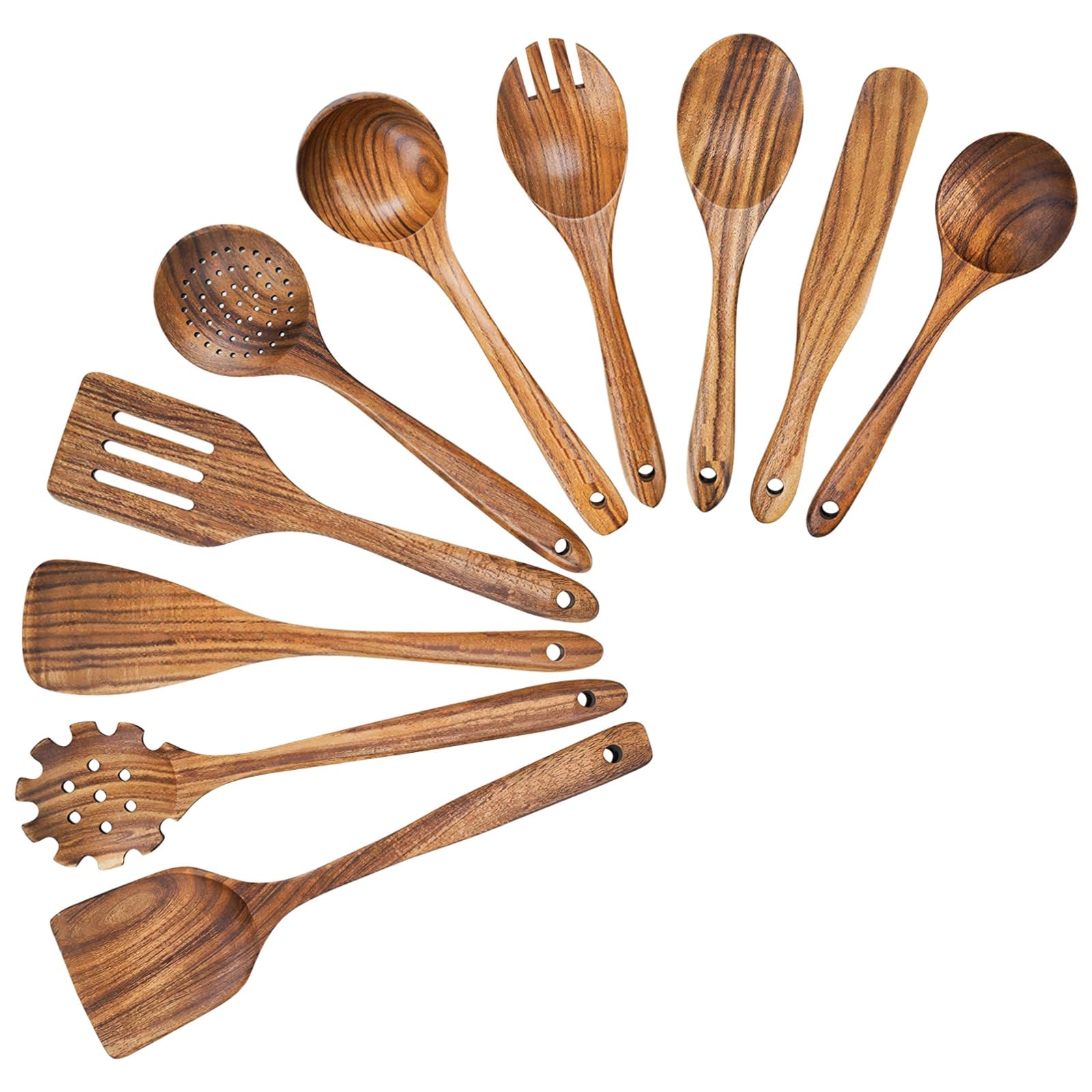 10 Stk. Kochutensilien aus natürlichem Akazienholz, Set mit Pfannenwendern, Löffeln und Gabel, für das Kochen, schont beschichtetes Kochgeschirr, Küchenhelfer mit Aufhängeöffnung