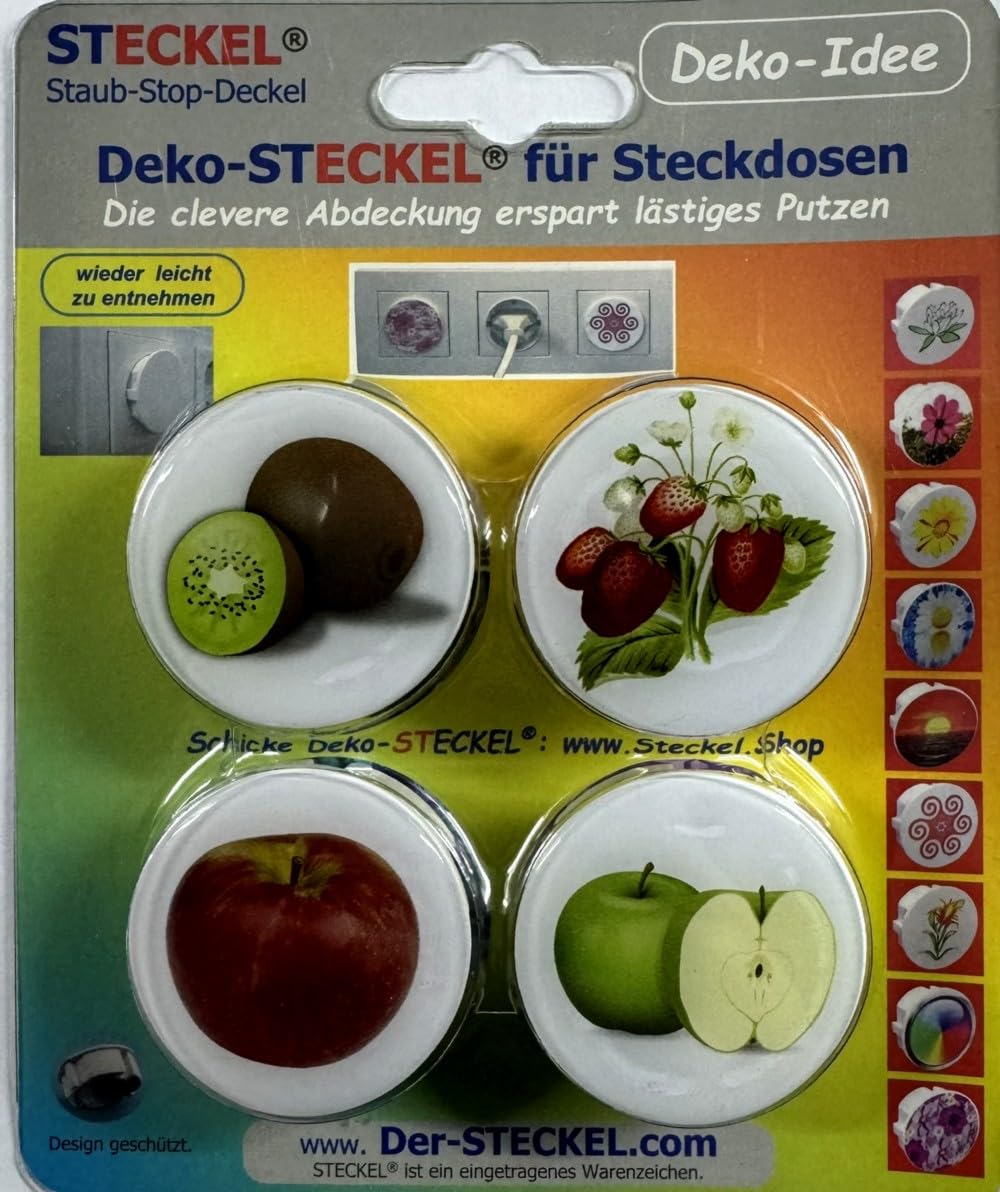 Steckel 4 Stück Deko MS-482-Obst dekorative Steckdosen Abdeckung hochwertige Domingbeschichtung Deckel Steckdosendeckel Abdeckung für saubere Schuko-Steckdosen Steckdosenleisten Spritzschutz