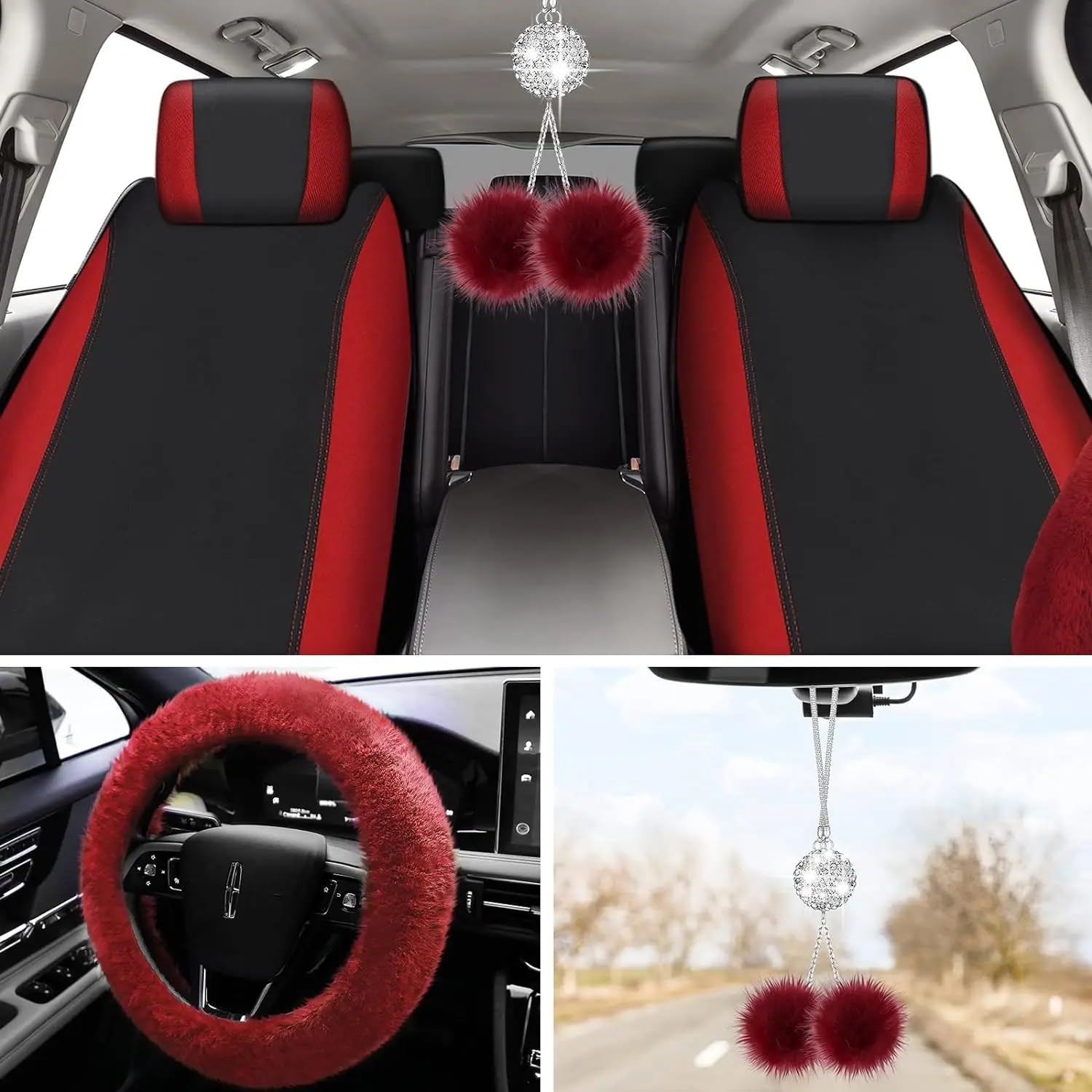 Coprisedili per auto Set di 17 coprisedili per auto, anteriori e posteriori per, coprivolante in peluche, coprifreno a mano in
