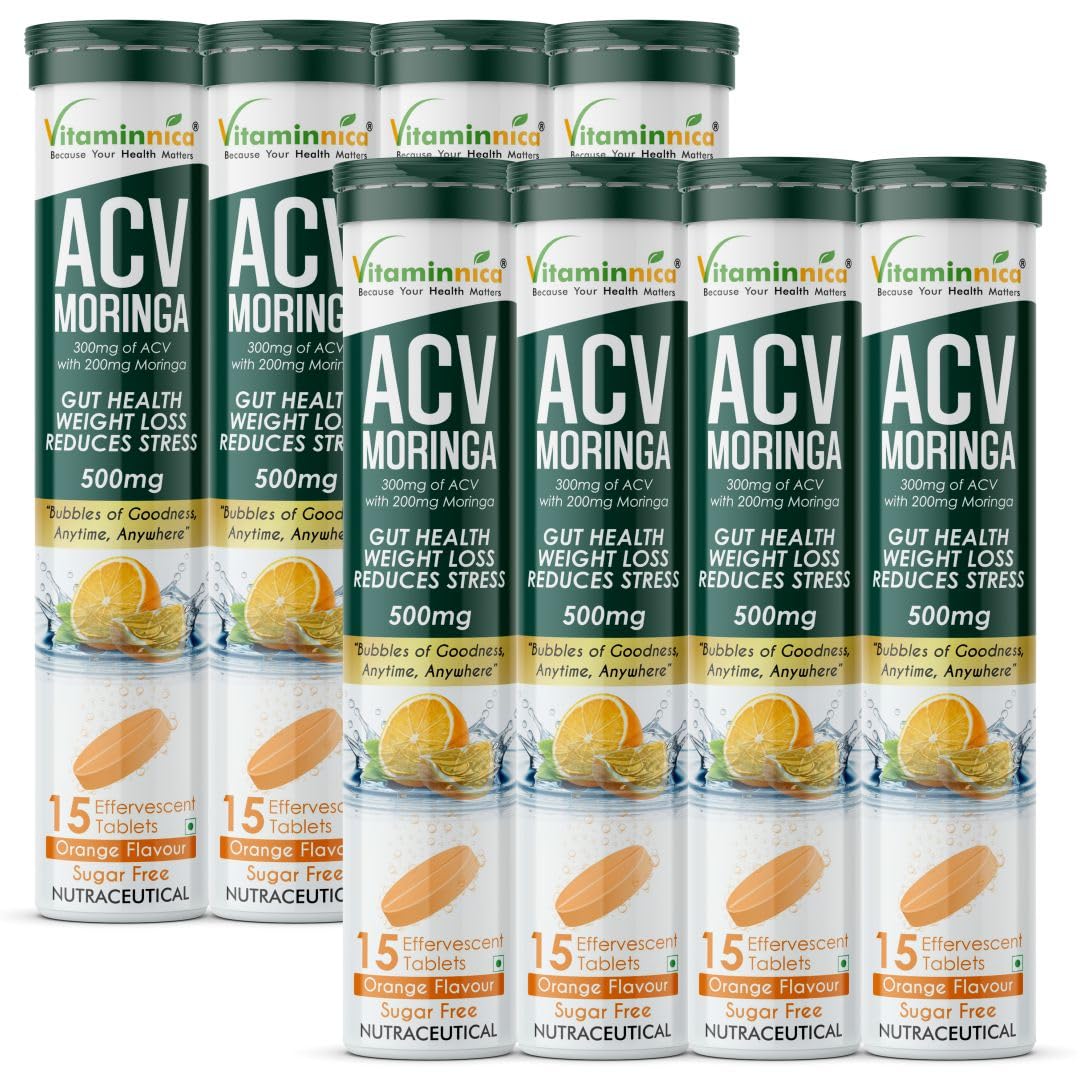Vitaminnica ACV Moringa Effervescent Tablets To Control Cravings | Reduces Stress, Gut Health, Weight Loss | Sugar Free | 15 Tablets Each (Pack of 8, Orange)-image-17