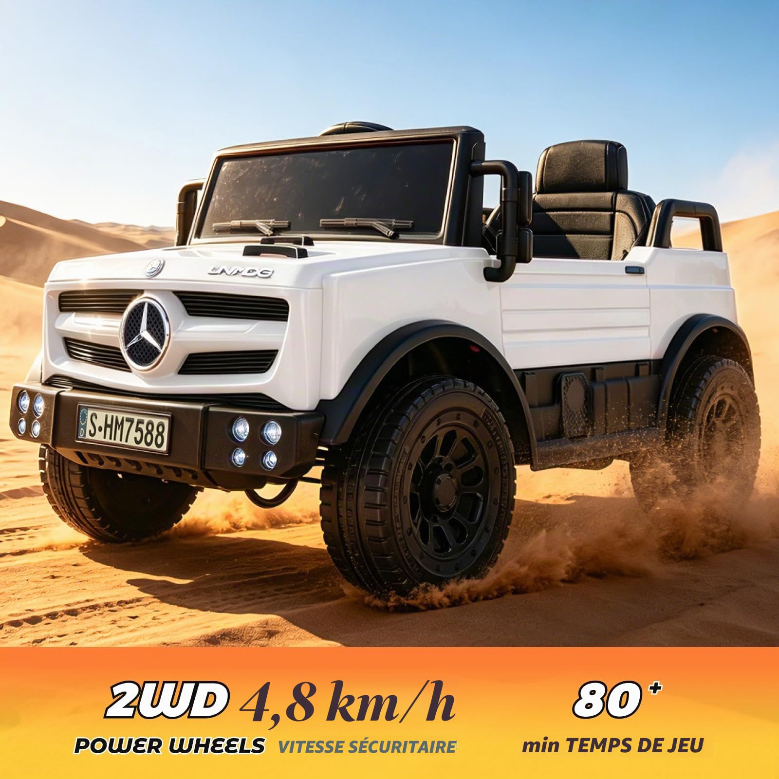 TCARAIWEN Voiture Électrique Enfant Mercedes-Benz Unimog sous Licence, Voiture Enfant 12V pour 3-6 Ans, Véhicule avec Télécommande, Ceinture 3 Points, Bluetooth, 5 km/h (Blanc)