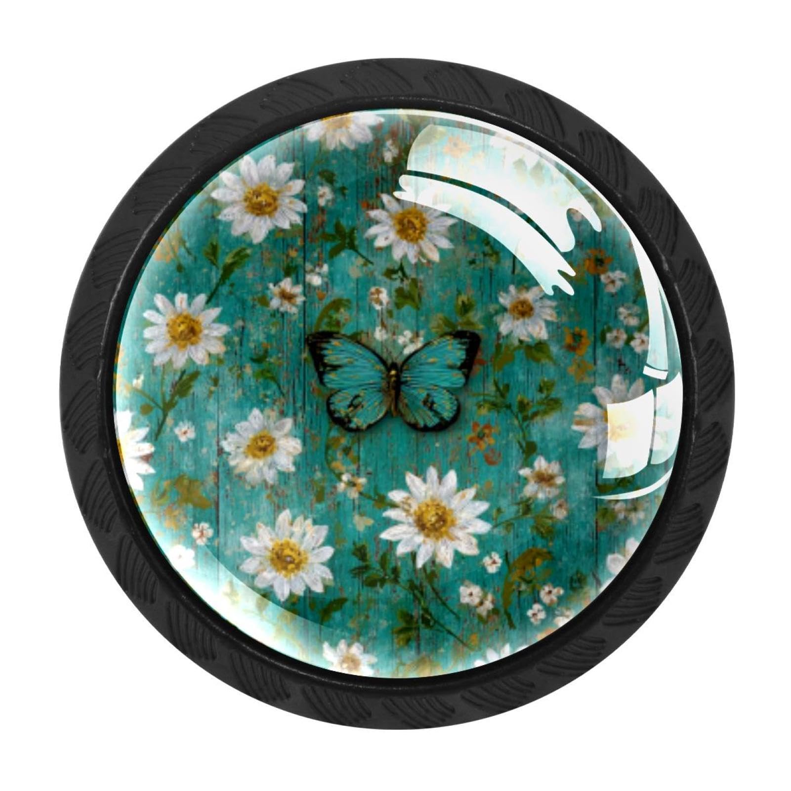 CHENZZZZ 4 Pack Rustic Teal Daisy Butterfly Farmhouse Drawer Knob Cabinet Hardware