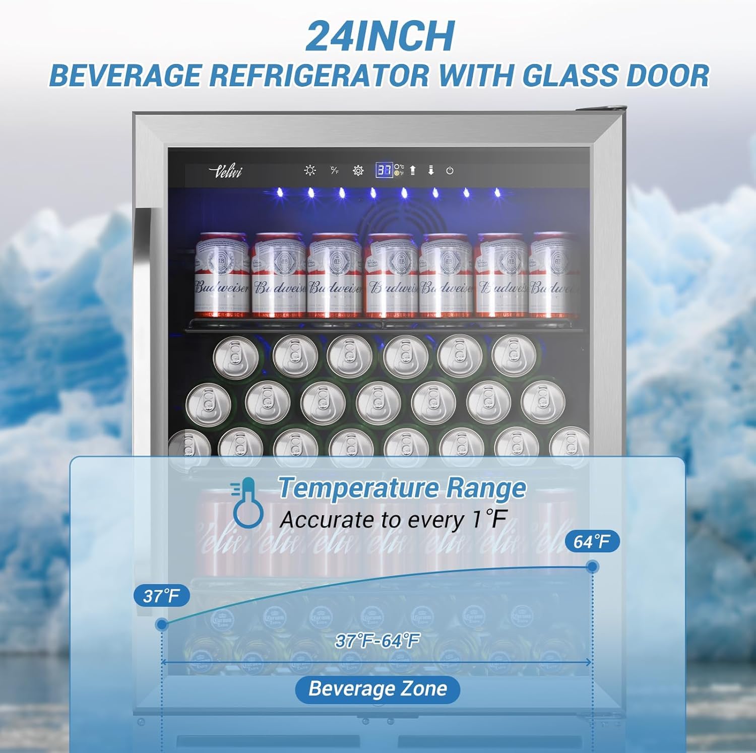 Velivi 24 Inch Beverage Refrigerator, Under Counter Beverage Cooler, 24" Space Built-In Beer and Drink Fridge with Glass Door for Soda, Water, and Milk
