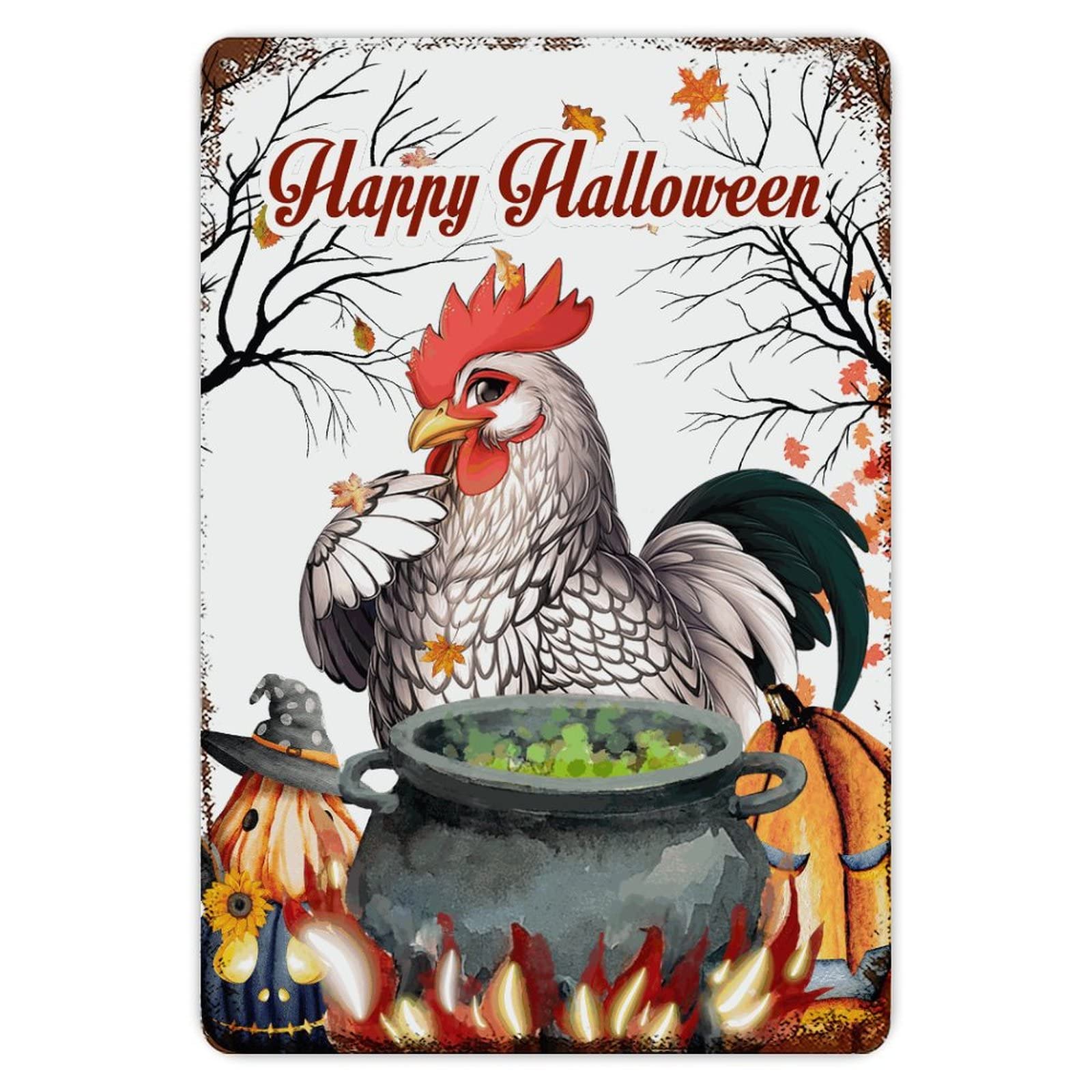 ENEDNATE Trick Or Treat Halloween Rooster Pumpkin Aluminum Tin Sign 8x12 Inch Waterproof Vintage Metal Sign for School Office Classroom Gate Garage Garden Home Wall Decoration Housewarming Gifts