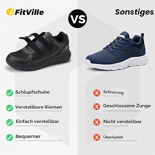 FitVille Scarpe Uomo Extra Larghe Sneakers Regolabili con Chiusura a Strappo, Ideali per Piedi Sensibili Nero 46 EU XX-Larga - 8