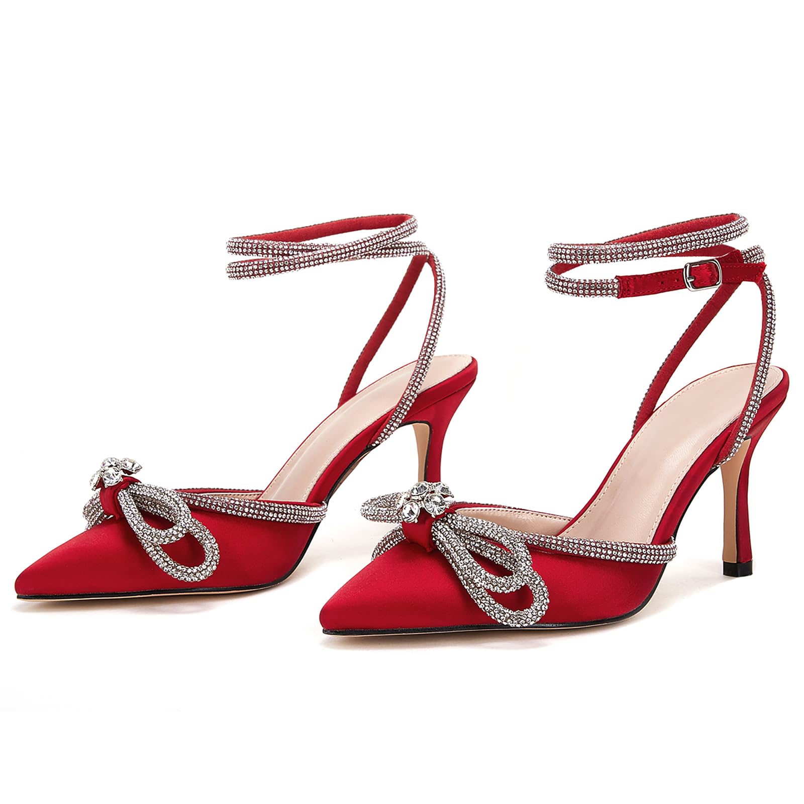 VETASTE Women's Double Bow Pointed Toe Ankle Strap Crystal Pumps Wedding Bridal Party Stilettos Backless Satin Heeled Sandals