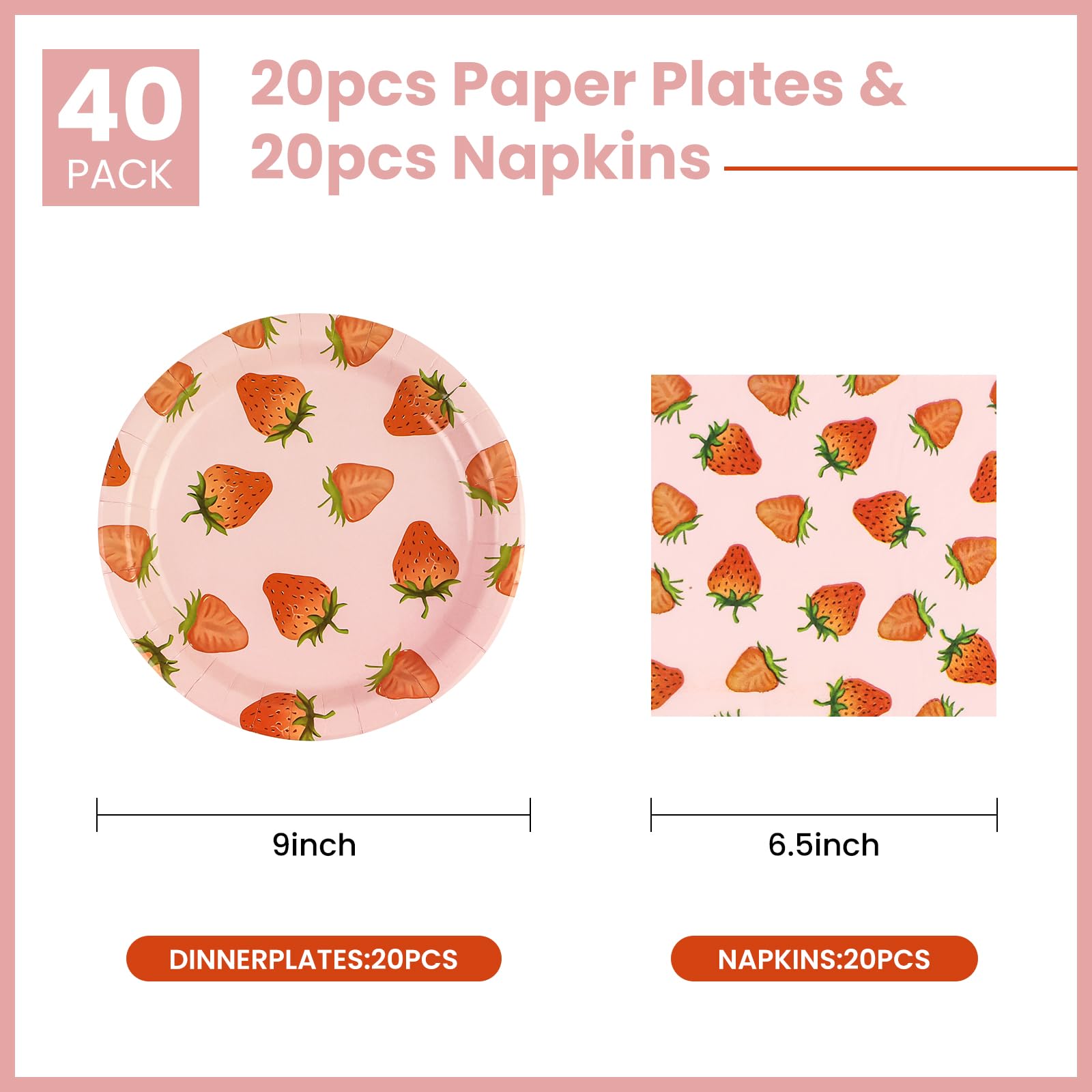 40Pcs Strawberry Paper Plates - 9 Inch Disposable Party Plates For Spring & Summer Events
