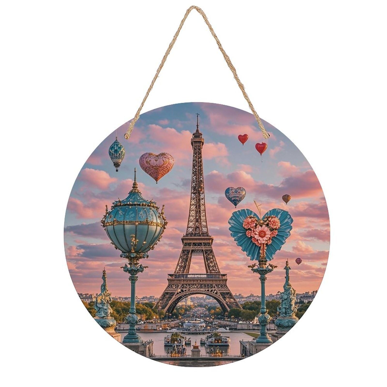LZQPOEAS Romantic Paris Eiffel Tower Wall Art Decor Round Wood Hanging Sign Rustic Vintage Wooden Door Hanger with Ropes Decorative Plaque Welcome Sign for Home Indoor Outdoor, 7.9x7.9 in