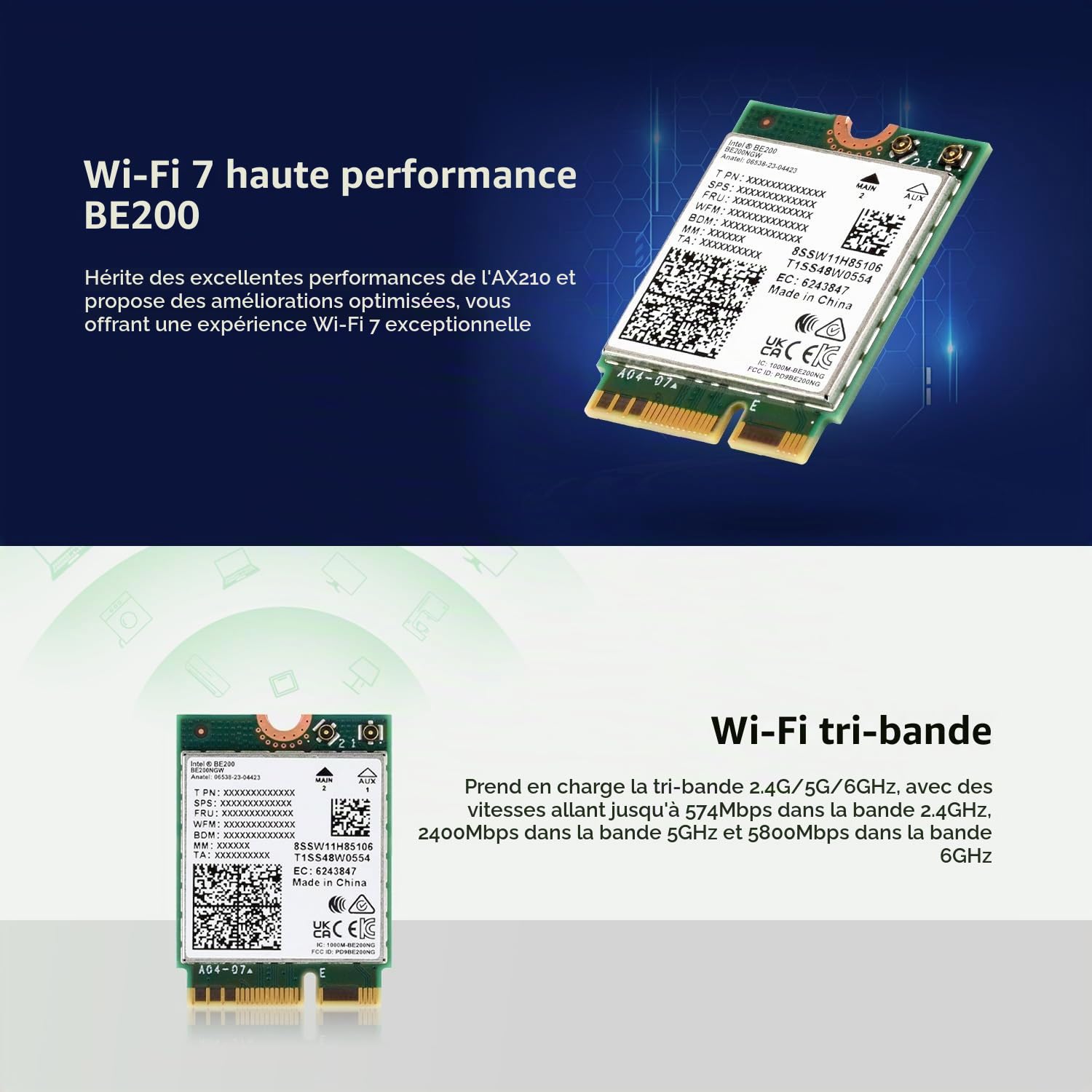 Waveshare Wireless BE200 NIC, Gigabit Tri-Band Wi-FI 7, Supports IEEE 802.11a/b/g/n/AC/be/AX Standard, Blue-T 5.4