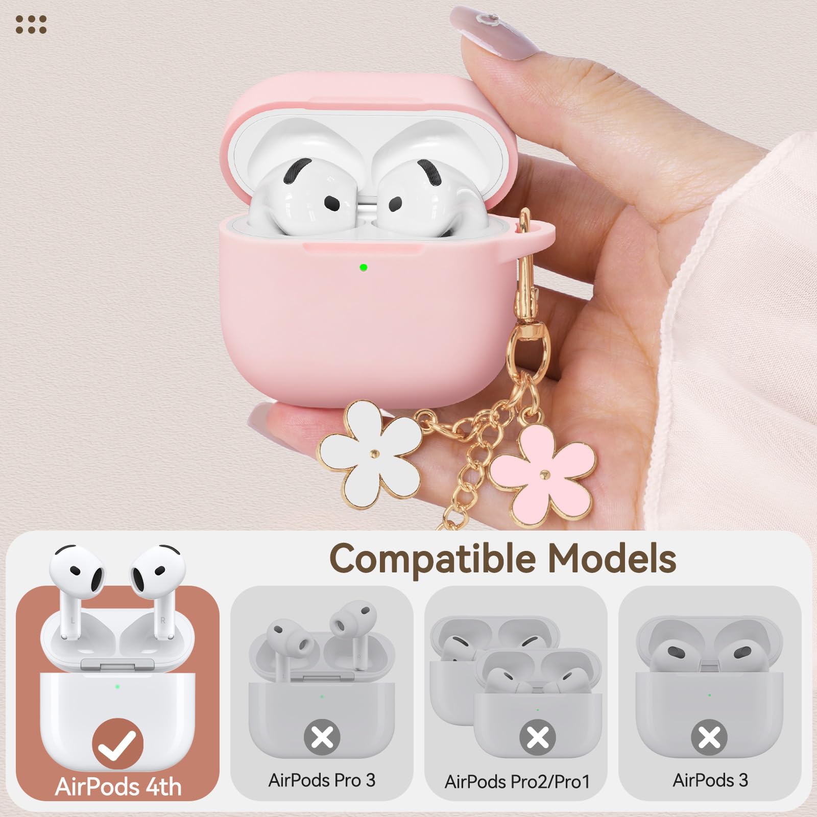 for AirPods 4 Case Cover, Soft Pink Silicone Protective Shell Compatible with Apple AirPods 4th Generation Case for Women Girly, iPod 4 Case with Flower Chain,Keychain and Cleaner Kit - Pink - 2
