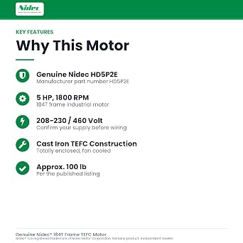5 hp 1800 RPM 184T Frame 208-230/460V TEFC Nidec Electric Motor # HD5P2E