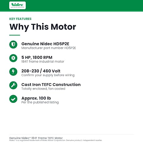 5 hp 1800 RPM 184T Frame 208-230/460V TEFC Nidec Electric Motor # HD5P2E