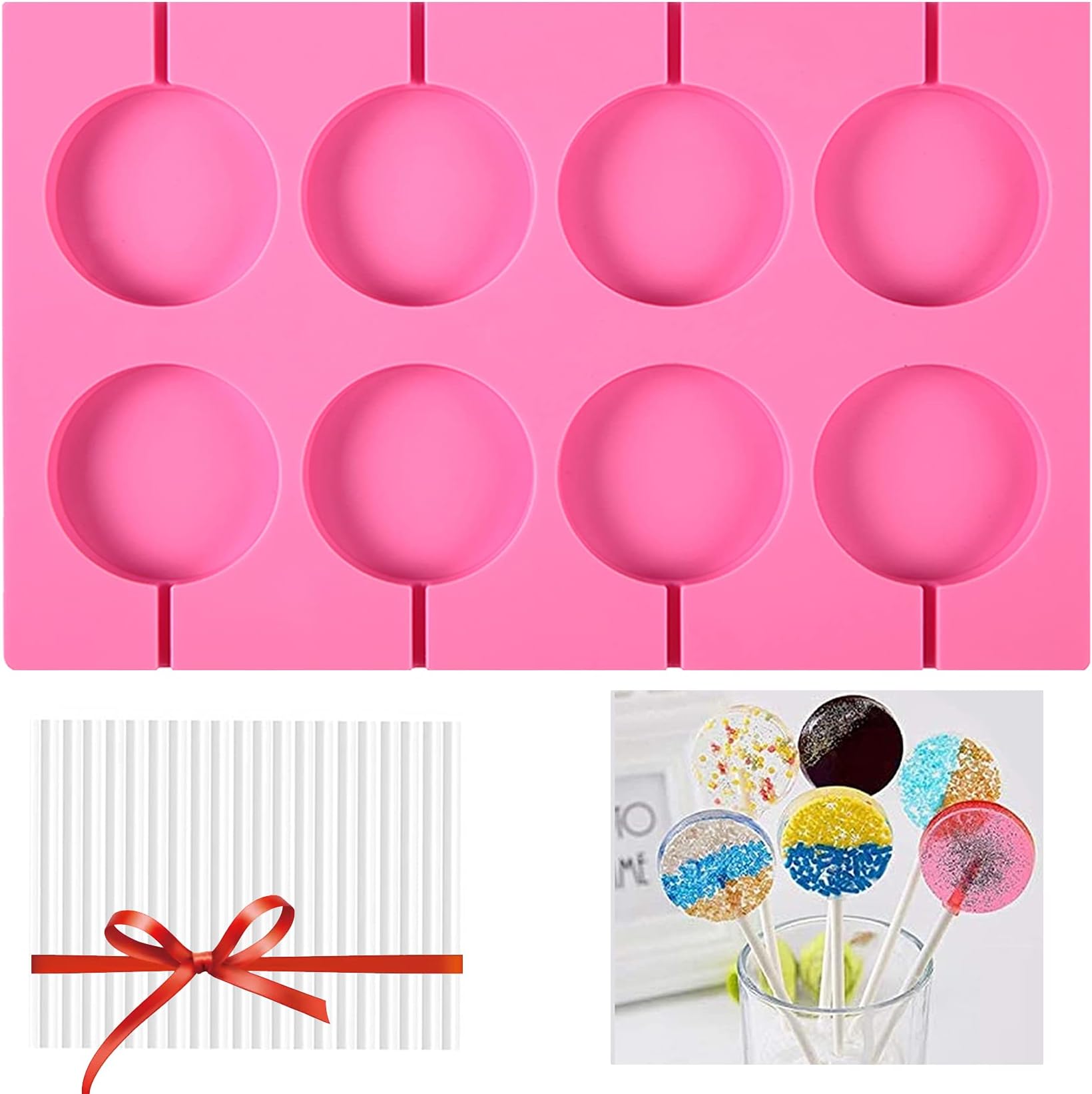 Lollipop Molds Sucker Molds Candy Molds Silicone 8 Rounds Nonstick Hard Candy Silicone Lollipop Mold With 20 Sticks for Easily Make Candies,Panels,Jellies, Etc.