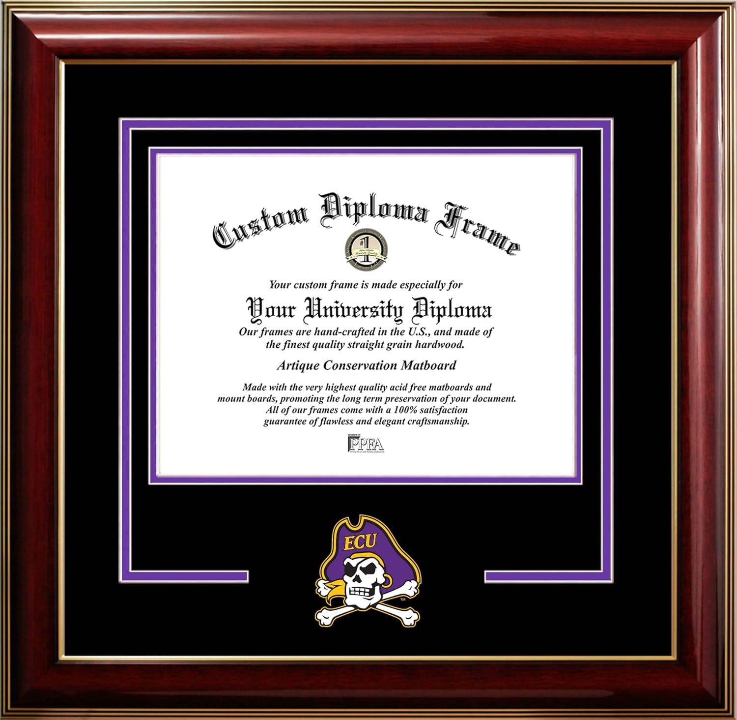 Campus Images East Carolina University Diploma Frame – 11x14 Classic Spirit Logo, Mahogany Wood Finish with Gold Embossed Seal, Graduation Certificate Display