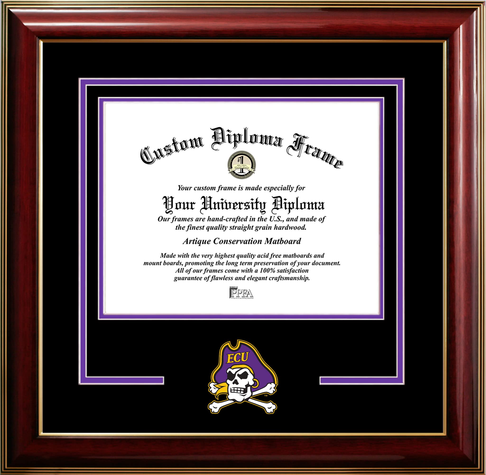 Campus Images East Carolina University Diploma Frame – 11x14 Classic Spirit Logo, Mahogany Wood Finish with Gold Embossed Seal, Graduation Certificate Display