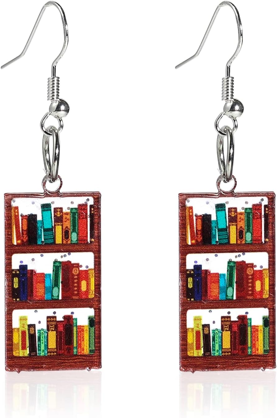 Resin Stack of Bookshelf Drop Dangle Earrings - Acrylic Bookcase for Teachers Librarians Book Lovers Graduation Gift
