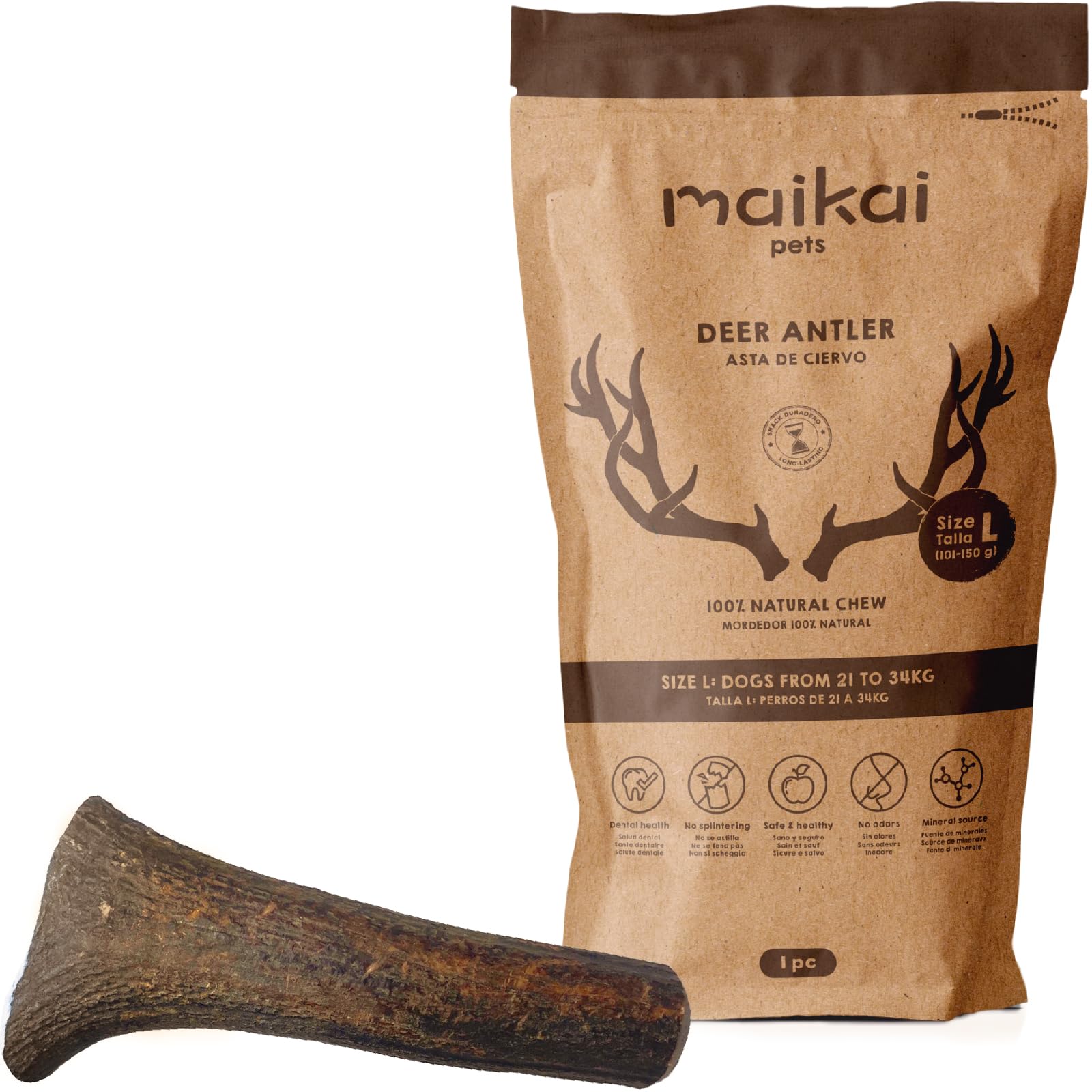 Bois de Cerf pour Chien Taille L Corne Mastication Naturel Longue Durée Jouet a Macher Favorise l´Hygiéne Dentaire et Améliore Cueilli dans la Nature 21-34 kg – Maikai