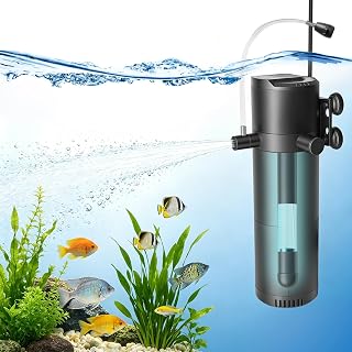 Aquarium Innenfilter, 5-in-1 Aquarium Filter mit UV-Sterilisator & Timer | Einstellbarer Filterpumpe mit Belüftung & Regendusche, 500 L/H, Klärer Pumpe für Meerwasser und Süß, für 50–125L Aquarien