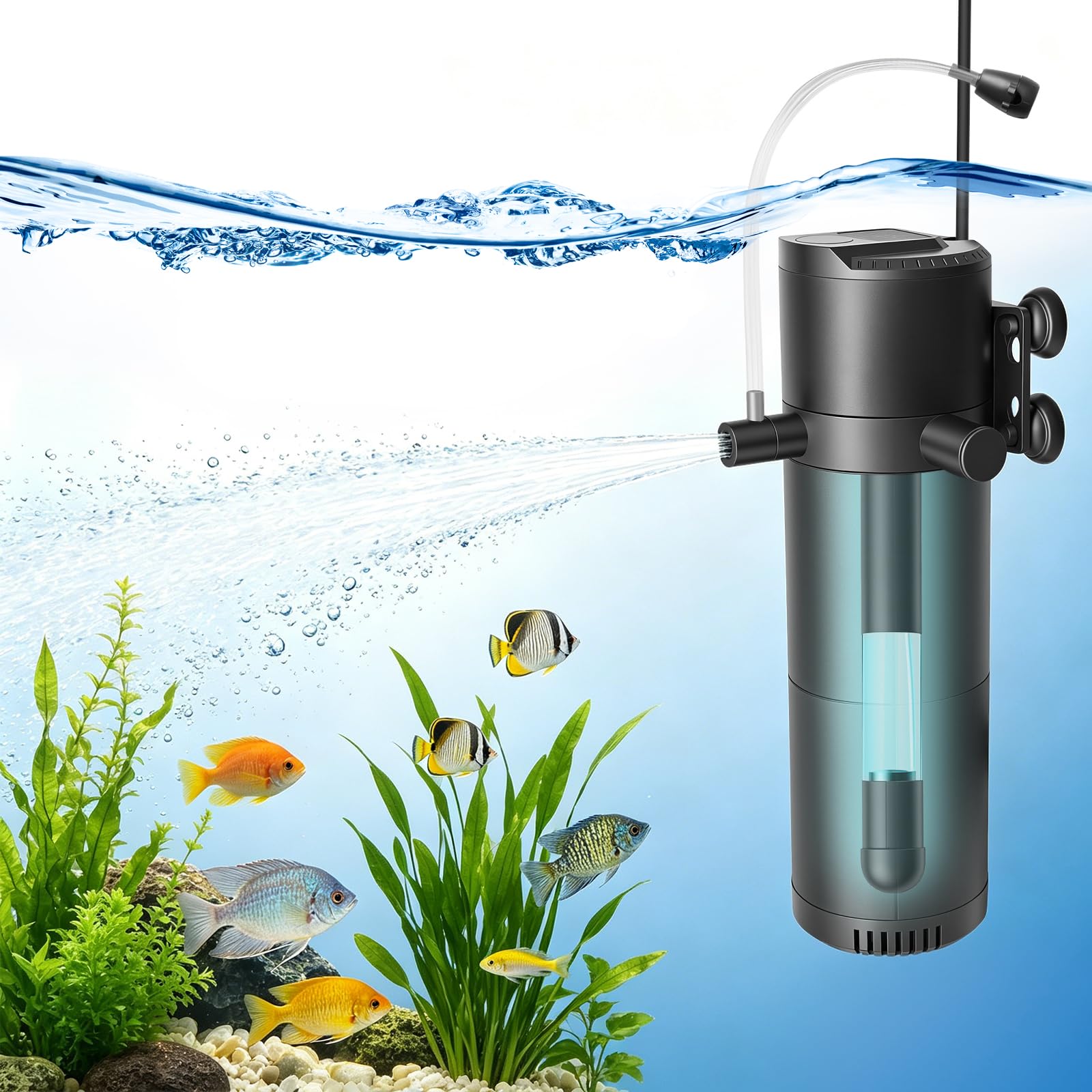 Filtro interno per acquario, Filtro per acquario 5-in-1 con sterilizzatore UV e timer, Pompa filtrante regolabile con aerazione e doccia a pioggia, 500 L/H, Pompa chiarificante per acqua dolce e