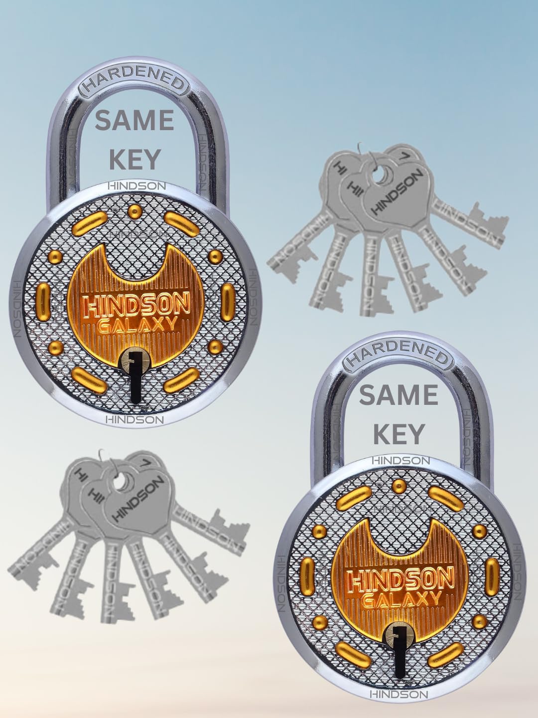 Hindson Same Key Galaxy 65mm Padlock | 2 Heavy Duty Padlocks with 12 Common Keys | Strong Metal Body Locks with Double Locking & 8-Lever Mechanism for Home, Gate, Shutter & Shop Security