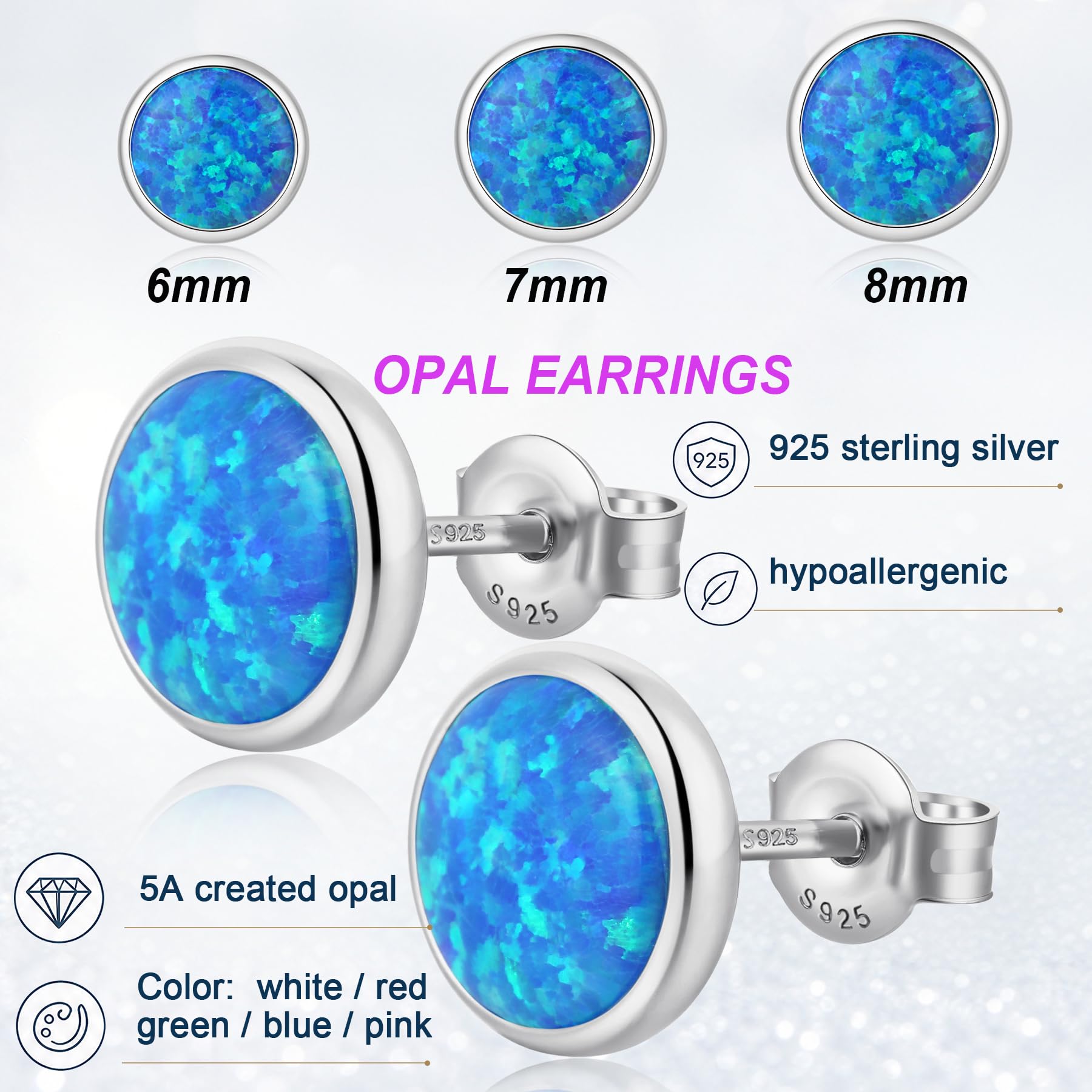 Jiamiaoi Pendientes de ópalo chapados en oro blanco de 18 quilates, pendientes de plata de ley 925, hipoalergénicos, para hombre y mujer, 6 mm – 8 mm opciones