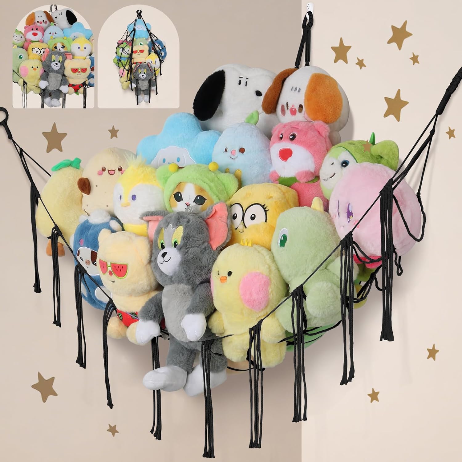 Stuffed Animal Hammock Corner, 55 Inch Large No Drilling Handcrafted Stuffed Animal Net, Natural 100% Cotton Boho Macrame Plushie Net Sturdy Stuffed Animal Storage Holder for Kid Room Nursery(Black)