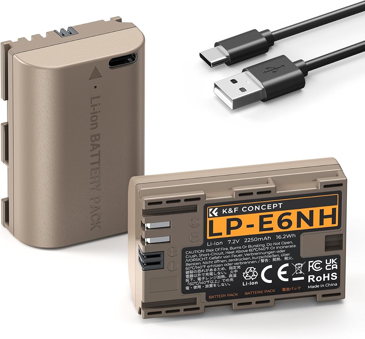 Paquete de 2 baterías LP-E6NH con batería R7 de carga rápida USB-C 2H compatible con Canon R7 R6 R5, 5D 6D 7D Mark II III IV, 90D 80D 70D, 2250mAh