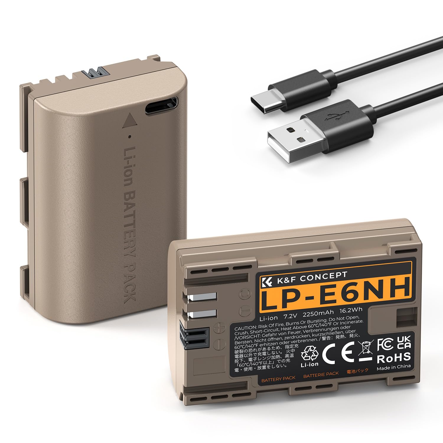 K&F CONCEPT LP-E6NH Batterie de Rechange avec Connecteur de Charge Directe de Type C Compatible avec Canon EOS 90D/80D/70D/5D Mark II III IV/5DS SR/6D/6D Mark II/R5 R6 R6 II R7 (2 Batteries)