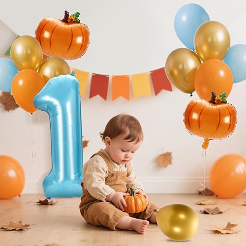 Miniatura 6 de Whaline 17 globos de calabaza para el primer cumpleaños, globos de calabaza número uno, globos azules, dorados, naranjas, para otoño, Acción de