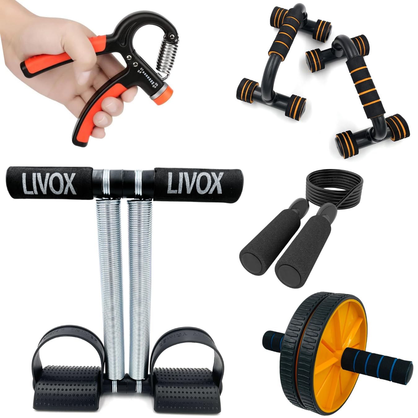 Livox Gym Exercise Equipment Home Workout Combo Set for Men Women, Pack of 5 – (Tummy Trimmer, Push Up Bar Stand, Abs Roller, Hand Grip, and Jump Rope)-image-11